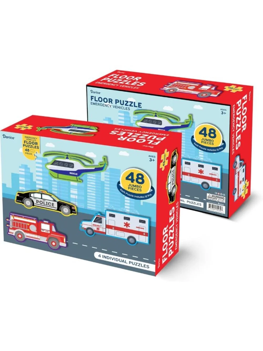 Emergency Vehicles 4-in-1 Floor Puzzles for Kids - Fire Truck, Police Car